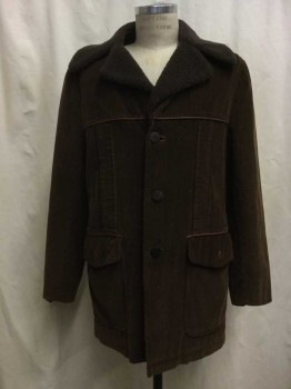 Mens, Jacket, FINX, Chocolate Brown, Cotton, Synthetic, Solid, M, Chocolate Brown Corduroy, Faux Shearling Lined, Notched Lapel, Collar Attached, 3 Buttons,  2 Flap Pockets, Leather Piping Trim