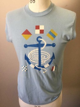 Mens, T-shirt, SCREEN STARS, Baby Blue, Blue, White, Red, Yellow, Cotton, Novelty Pattern, L, Sleeveless, Crew Neck, Nautical Theme, Anchor