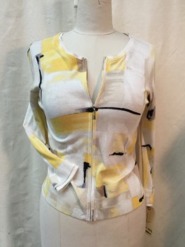 WHT HOUSE BLK MKT, White, Lemon Yellow, Black, Beige, Rayon, Nylon, Abstract , Round Neck,  Zip Front, Long Sleeves, Double Rib Knit Trim at Collar and Cuffs