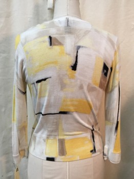 WHT HOUSE BLK MKT, White, Lemon Yellow, Black, Beige, Rayon, Nylon, Abstract , Round Neck,  Zip Front, Long Sleeves, Double Rib Knit Trim at Collar and Cuffs