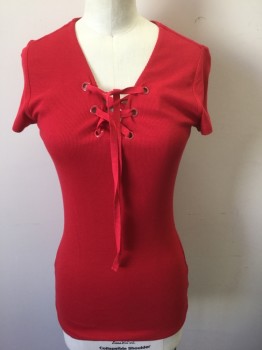 I.N.C, Red, Rayon, Spandex, Solid, Rib Knit Jersey, Short Sleeves, V-neck with Red Plastic Grommets with Red Twill Lace Up Detail **Barcode at Side Seam Near Hem