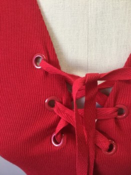I.N.C, Red, Rayon, Spandex, Solid, Rib Knit Jersey, Short Sleeves, V-neck with Red Plastic Grommets with Red Twill Lace Up Detail **Barcode at Side Seam Near Hem