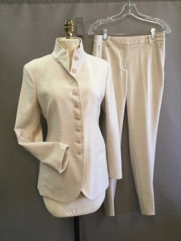Womens, Suit, Jacket, AKRIS, Khaki Brown, Wool, Lycra, Heathered, 4, Stand Collar, 9 Buttons Center Front, 2 slit Pockets, Unlined