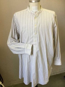 DARCY, White, Blue, Cotton, Stripes, Working Class. Flannel Shirt, 4 Button Placket with Button Holes at Narrow Collar Band, Long Sleeves with Cuffs. Period Replica,