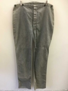 N/L, Gray, Cotton, Solid, Twill/Canvas, Button Fly, Black Suspender Buttons at Outside Waist, No Pockets, Made To Order Reproduction **Mended at Side Seam Near Waist