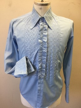 Mens, Formal Shirt, AFTER SIX, Lt Blue, Poly/Cotton, Geometric, 32/33, 15, Long Sleeves, Button Front, French Cuffs,  Ruffle Font with Geometric Embroidery, Shoulder Rust Stain See Photo Attached,