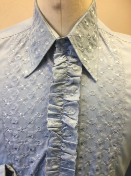 Mens, Formal Shirt, AFTER SIX, Lt Blue, Poly/Cotton, Geometric, 32/33, 15, Long Sleeves, Button Front, French Cuffs,  Ruffle Font with Geometric Embroidery, Shoulder Rust Stain See Photo Attached,