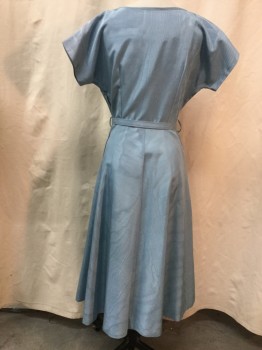 MTO, Dusty Blue, Silk, Moire, Round Neck,  Short Sleeves, Side Zipper, Belt Loops, MATCHING BELT with Covered Buckle, 2 Pockets Hidden in Front Pleats of Skirt, A-line