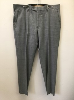 MICHAEL KORS, Gray, Wool, Polyester, Heathered, Gray Crosshatched Streaks Pattern, Flat Front, Button Tab Waist, Zip Fly, 4 Pockets, Straight Leg
