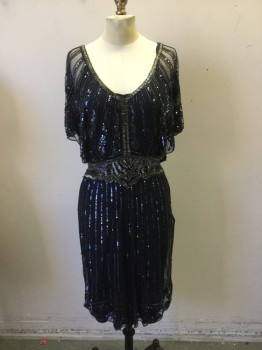 N/L, Navy Blue, Pewter Gray, Synthetic, Sequins, Geometric, Silk Navy Slip with Navy Beaded and Sequinned Tulle Overlay, Deep V.neck. Art Deco Design Short Sleeves,