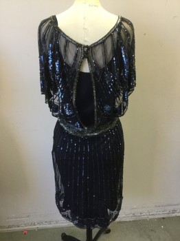 N/L, Navy Blue, Pewter Gray, Synthetic, Sequins, Geometric, Silk Navy Slip with Navy Beaded and Sequinned Tulle Overlay, Deep V.neck. Art Deco Design Short Sleeves,
