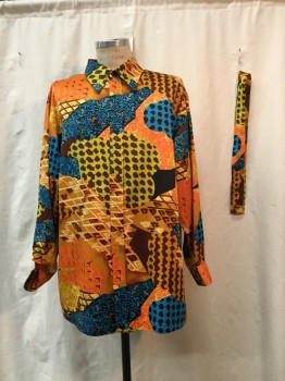 DION SCOTT, Orange, Yellow, Brown, Blue, Black, Synthetic, Abstract , Button Front, Collar Attached, Long Sleeves, Neck Tie