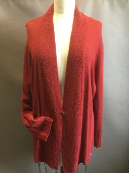 Womens, Sweater, EILEEN FISHER, Red, Wool, Solid, 2LX, 1 Brass Button, Seed Stitch Center Front, Long