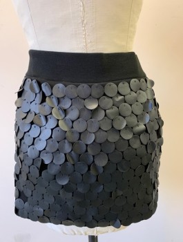 Womens, Skirt, Mini, H&M, Black, Viscose, Polyester, Solid, S, Pleather Circles in Paillette/Sequin Like Pattern, Over Jersey Knit,  2" Wide Waistband