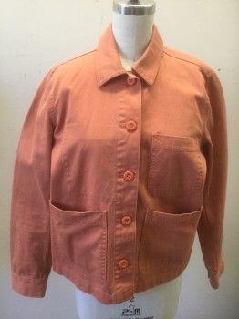 EVERLANE, Clay Orange, Cotton, Solid, Dusty Clay Orange Twill/Denim, 5 Orange Buttons at Front, Collar Attached, 3 Patch Pockets, No Lining