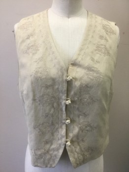 BEAU GESTE, Ecru, Silk, Linen, Solid, Floral, Self Floral Embroidery, 4 Knotted Buttons with Loop Closures at Center Front, Fitted, Acetate Lining and Back,