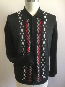 Mens, Sweater, VAN CORT, Black, Red, Lt Gray, Beige, Acrylic, Geometric, Solid, XL, Button Front, Long Sleeves, Collar Attached, Arrows and Circles Down Center Front, Solid Back, Knit, Modeled on a 42 Dress Form