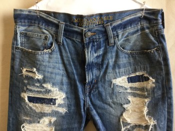Mens, Shorts, AMERICAN EAGLE, Blue, Cotton, Solid, 33, Faded Blue Denim Jean Cut-off Shorts, 5 Pockets, Zip Front, Holes/frayed Front & Back, Frayed Hem