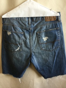 Mens, Shorts, AMERICAN EAGLE, Blue, Cotton, Solid, 33, Faded Blue Denim Jean Cut-off Shorts, 5 Pockets, Zip Front, Holes/frayed Front & Back, Frayed Hem