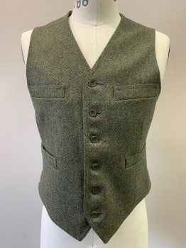 Mens, 1930s Vintage, Piece 2, MARK COSTELLO, Olive Green, Brown, Blue, Black, Wool, Tweed, 38S, Vest, Single Breasted, 6 Buttons, 4 Pockets, Solid Gray Back with Belt,