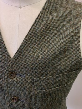 Mens, 1930s Vintage, Piece 2, MARK COSTELLO, Olive Green, Brown, Blue, Black, Wool, Tweed, 38S, Vest, Single Breasted, 6 Buttons, 4 Pockets, Solid Gray Back with Belt,