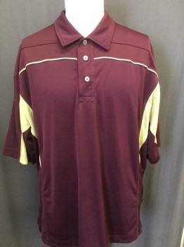 PRO CELEBRITY, Red Burgundy, Gold, Polyester, Solid, 3 Button Front, Short Sleeves, Collar Attached,