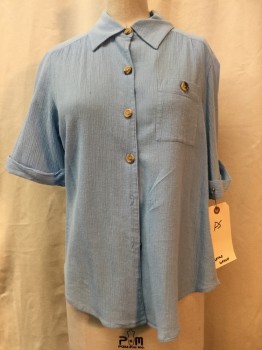Womens, Top, VICKY WAYNE, Sky Blue, Cotton, Solid, S, Button Front, Collar Attached, Short Sleeves Western, Cuff , 1 Pocket,