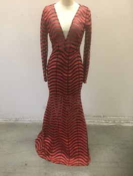 Womens, Evening Gown, MONACO, Red, Black, Polyester, Faux Leather, Stripes - Horizontal , Abstract , S, Black See-Thru Net with Opaque Red Pleather Wavy Horizontal Stripes, Long Sleeves, Plunging V-neck, Empire Waist, Floor Length with Flared Tulip Hem, Invisible Zipper in Back
