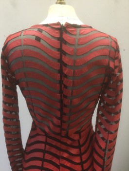 Womens, Evening Gown, MONACO, Red, Black, Polyester, Faux Leather, Stripes - Horizontal , Abstract , S, Black See-Thru Net with Opaque Red Pleather Wavy Horizontal Stripes, Long Sleeves, Plunging V-neck, Empire Waist, Floor Length with Flared Tulip Hem, Invisible Zipper in Back