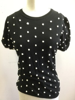 Womens, Pullover, RED VALENTINO, Black, White, Cotton, Polka Dots, B34, XS, Puff Short Sleeves, Crew Neck Edged with White, Dimensional White Polka-Dots