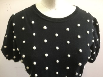 Womens, Pullover, RED VALENTINO, Black, White, Cotton, Polka Dots, B34, XS, Puff Short Sleeves, Crew Neck Edged with White, Dimensional White Polka-Dots