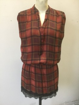 HAUTE HIPPIE, Brick Red, Plum Purple, Faded Black, Ochre Brown-Yellow, Silk, Plaid-  Windowpane, Plaid, Chiffon, Ruched at Shoulder Seams, Button Front, Band Collar with V/Notch at Center Front Neck, Elastic Waist, Black Lace Trim at Hem, Dropped Waist, Hem Above Knee