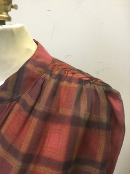 HAUTE HIPPIE, Brick Red, Plum Purple, Faded Black, Ochre Brown-Yellow, Silk, Plaid-  Windowpane, Plaid, Chiffon, Ruched at Shoulder Seams, Button Front, Band Collar with V/Notch at Center Front Neck, Elastic Waist, Black Lace Trim at Hem, Dropped Waist, Hem Above Knee