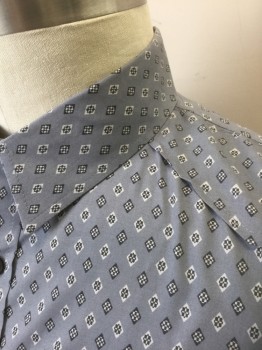 MURANO, Gray, White, Charcoal Gray, Cotton, Diamonds, Gray with White and Charcoal Diamonds Pattern, Short Sleeve Button Front, Collar Attached, 2 Pockets with Button Flap Closures, Western Style Yoke, Retro, Has a Double