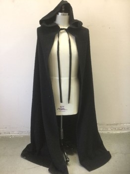 N/L MTO, Black, Cotton, Solid, Fuzzy Textured Cloth, Boucle, Open at Center Front with Black Leather Ties, Hooded, Floor Length, Made To Order