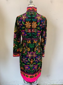 JOSEPH MAGNIN, Black, Yellow, Hot Pink, Green, Orange, Cotton, Polyester, Floral, High Pleated Neck, Attached Self Belt, Long Sleeves with Pleated Cuffs, Center Back Zipper, Hem Needs to Be Put Back Up