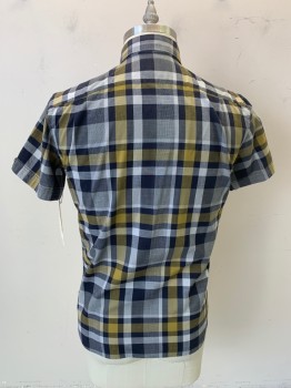 ANTO, Lt Gray, Black, Tan Brown, Cotton, Plaid, Button Front, Collar Attached, Short Sleeves, 2 Pockets,