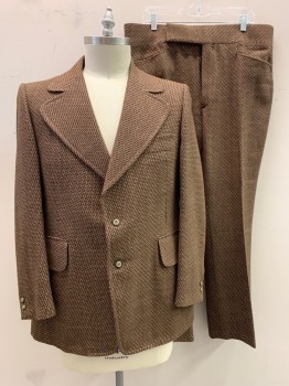 Mens, 1970s Vintage, Suit, Jacket, ACADEMY AWARD, Brown, Lt Gray, Black, Red, Wool, Tweed, 42L, Notched Lapel, Over-sized Lapel, Single Breasted, Button Front, 2 Buttons, 3 Pockets