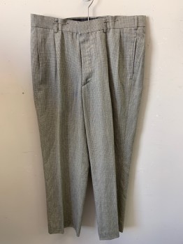 Mens, Slacks, N/L, Off White, Gray, Polyester, Houndstooth, I28.5, W34, Zip Front, Pleated Front, 2 Slant Pockets, 2 Double Welt Pockets,