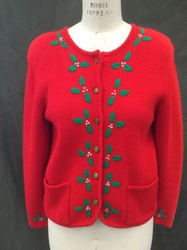 TALLY-HO, Cherry Red, Acrylic, Novelty Pattern, Christmas Cardigan, Button Front, Scallopped Edges, Long Sleeves, 2 Pockets, Green and White Mistletoe Embroidery Detail, Shoulder Pads