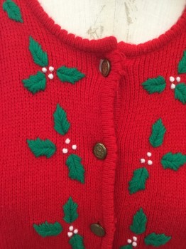 TALLY-HO, Cherry Red, Acrylic, Novelty Pattern, Christmas Cardigan, Button Front, Scallopped Edges, Long Sleeves, 2 Pockets, Green and White Mistletoe Embroidery Detail, Shoulder Pads