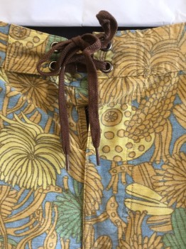 Mens, Swim Trunks, MOLLUSK, Slate Blue, Yellow, Goldenrod Yellow, Brown, Green, Cotton, Nylon, Abstract , Floral, 30, Mute/faded, 1.5" Waistband with Brown Lacing, Velcro Zip Fly, 1 Pocket with Flap Back