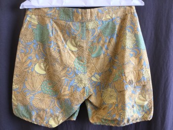 Mens, Swim Trunks, MOLLUSK, Slate Blue, Yellow, Goldenrod Yellow, Brown, Green, Cotton, Nylon, Abstract , Floral, 30, Mute/faded, 1.5" Waistband with Brown Lacing, Velcro Zip Fly, 1 Pocket with Flap Back