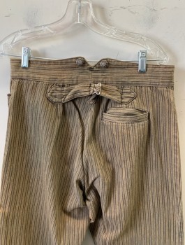 Mens, Historical Fiction Pants, WAH MAKER, Brown, Tan Brown, Cotton, Stripes - Pin, Ins:28, W:32, Heavy Twill, Button Fly, 4 Pockets Including Watch Pocket, Suspender Buttons at Outside Waistband, Belted Detail at Back Waist, Reproduction 1800's Western