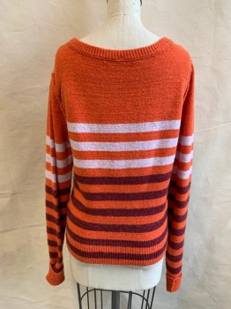 Womens, Pullover, FREE PEOPLE, Orange, White, Maroon Red, Cotton, Nylon, Stripes, XS, Scoop Neck, Long Sleeves, Ribbed Knit Neck/Waistband/Cuff, Exterior Shoulder Seams