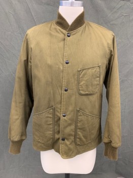 Mens, Casual Jacket, RR RALPH LAUREN, Dk Olive Grn, Cotton, Solid, S, Ribbed Twill, Snap Front, 3 Pockets, Bomber Collar, Ribbed Knit Collar/Cuff, Light Fill, Quilted Lining *white Spots on Front*
