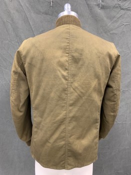 Mens, Casual Jacket, RR RALPH LAUREN, Dk Olive Grn, Cotton, Solid, S, Ribbed Twill, Snap Front, 3 Pockets, Bomber Collar, Ribbed Knit Collar/Cuff, Light Fill, Quilted Lining *white Spots on Front*