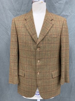 Mens, Sportcoat/Blazer, JOHN W. NORDSTROM, Turmeric Yellow, Brown, Maroon Red, Orange, Wool, Cashmere, Tweed, Grid , 46L, Turmeric and Brown Tweed with Maroon and Orange Grid, Single Breasted, Collar Attached, Notched Lapel, 3 Pockets, 3 Buttons