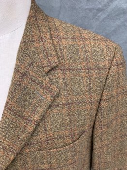 Mens, Sportcoat/Blazer, JOHN W. NORDSTROM, Turmeric Yellow, Brown, Maroon Red, Orange, Wool, Cashmere, Tweed, Grid , 46L, Turmeric and Brown Tweed with Maroon and Orange Grid, Single Breasted, Collar Attached, Notched Lapel, 3 Pockets, 3 Buttons