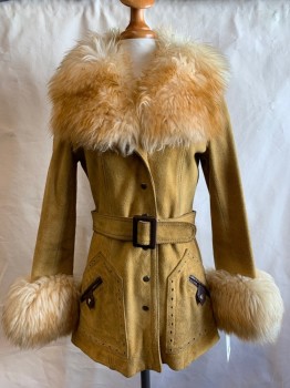 Womens, Coat, THE TANNERY, Brown, Suede, Faux Fur, Solid, W 28, B 32, Snap Button Front, 2 Pockets with Snap Closure, Dark Brown Trim and Small Diamond Cutout Detail, Faux Fur Collar Attached & Sleeve Cuffs,